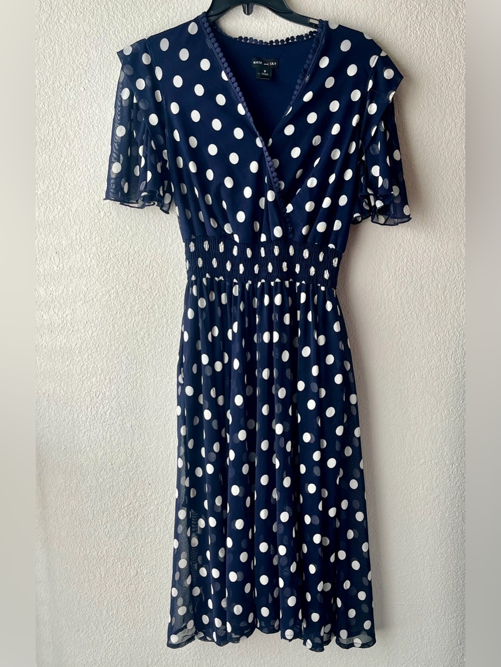 Kate and Lily Navy blue short-sleeve midi dress with white polka dots Size 6